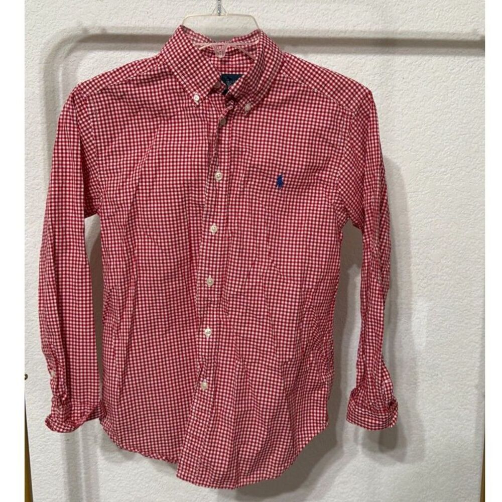 Ralph Lauren Boys Plaid Button Up Dress Shirt Size 10 Red White Gently Used